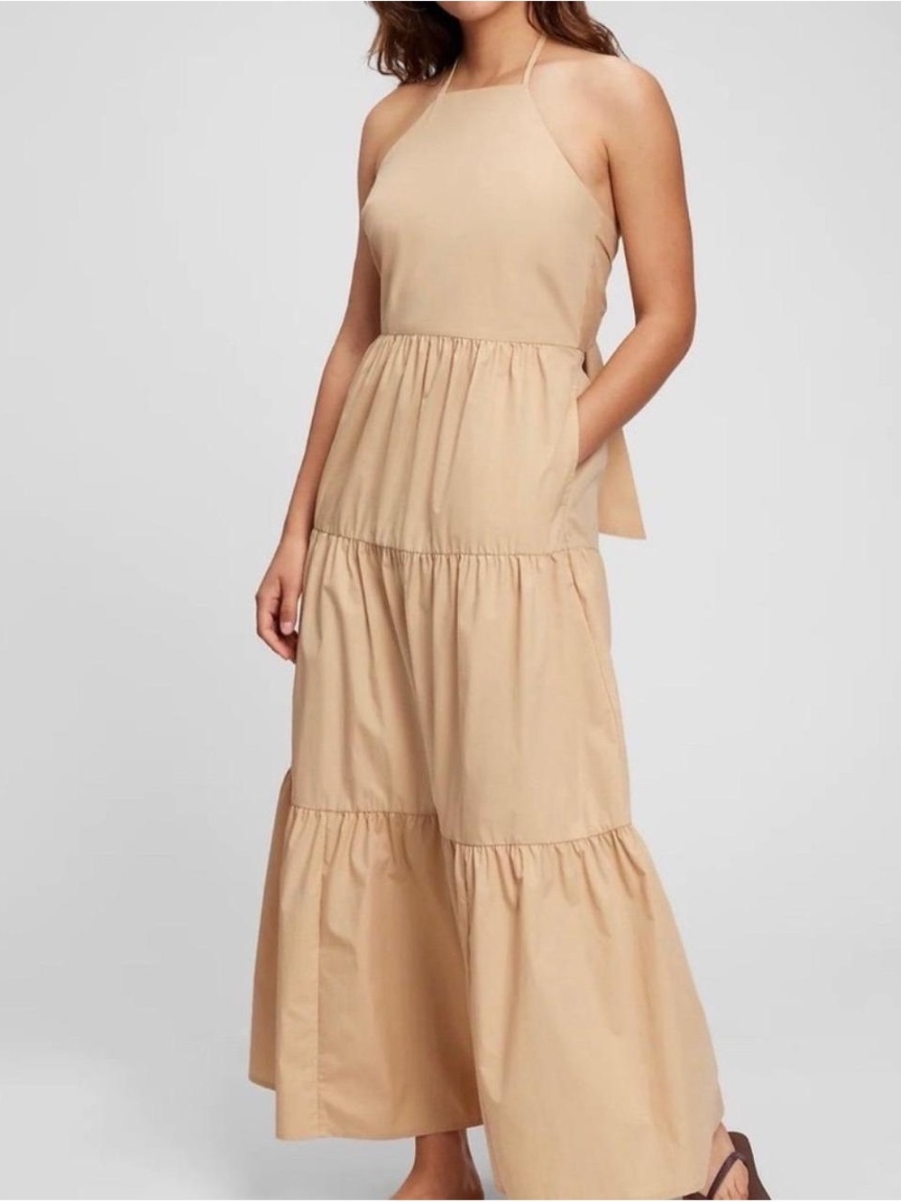 Sleeveless Halter Tie-Back Tiered Maxi Dress in Beige